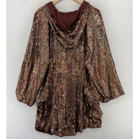 DIABLESS Jacket Womens L Seqiun Embellished Hoodie Coat Full Zip Cinched Brown - Picture 2 of 16